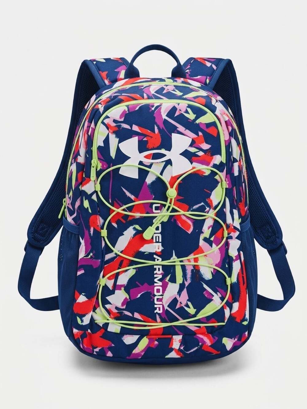 Under Armour Hustle Sport Backpack Blue Pink Graphic Print Bungee Cord
